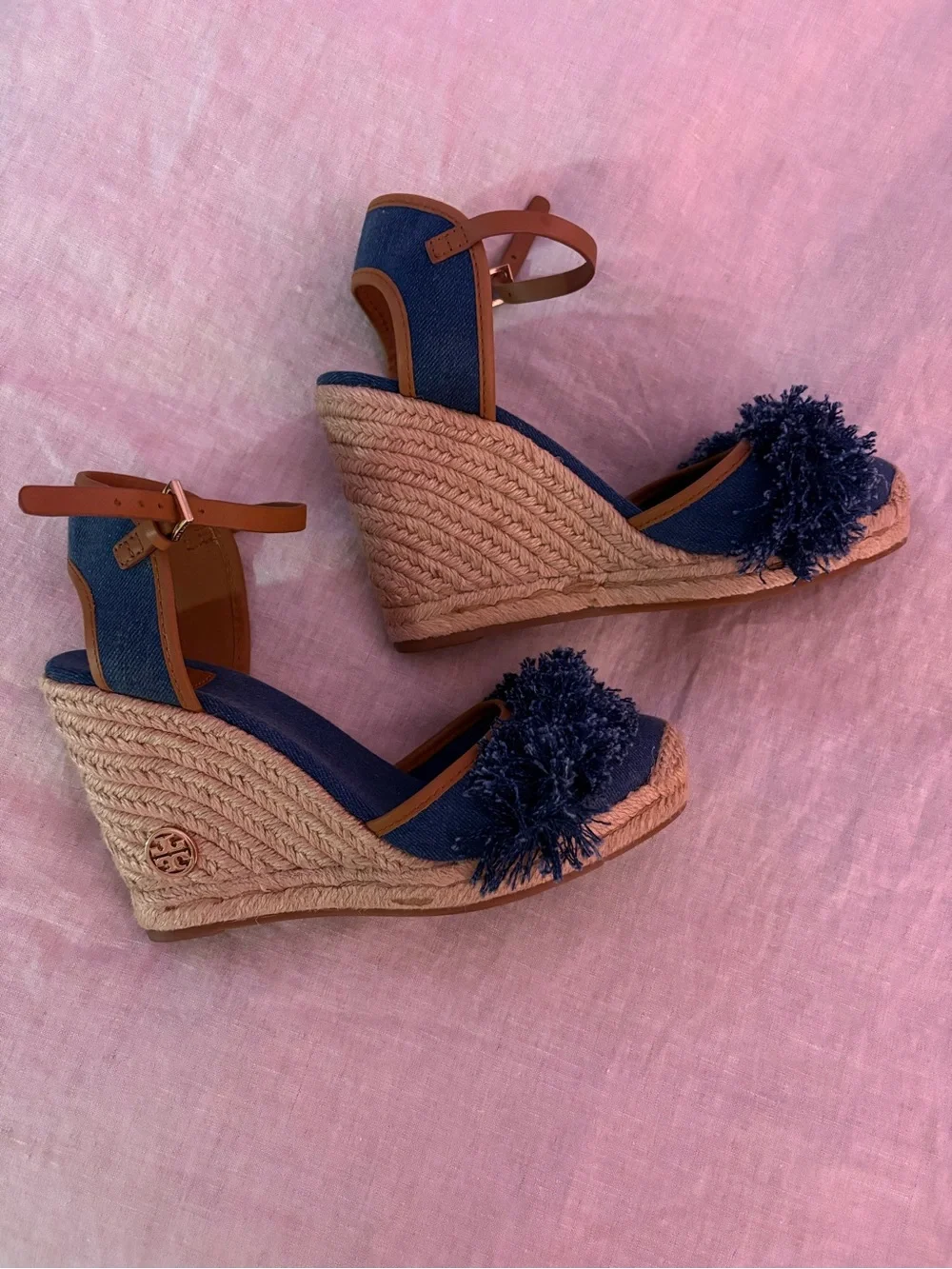 Tory Burch Navy Denim Espadrille Wedge Sandals with Pom Detail